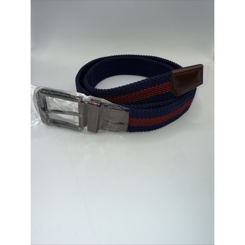 Bobby Jones Men's Braided Fabric Stretch Belt w/ Brass Buckle - Navy/Red Size 48